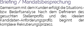 Briefing / Mandatsbesprechung Gemeinsam mit dem Kunden erfolgt die Situations- bzw. Bedarfsanalyse. Nach dem Definieren des gesuchten Stellenprofils und des idealen Kandidaten-Anforderungsprofils beginnt der komplexe Rekrutierungsprozess.